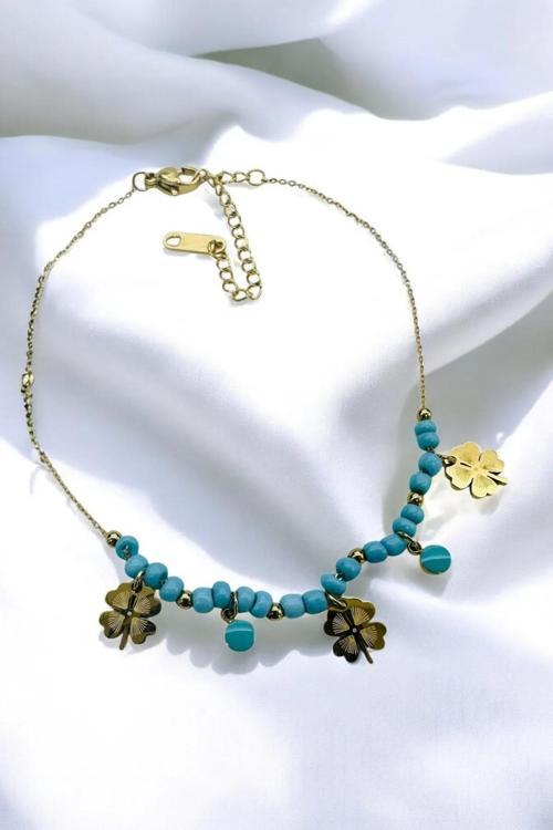 ÇELİK KARARMAZ TURKUAZ BONCUKLU YONCA ZİNCİR HALHAL