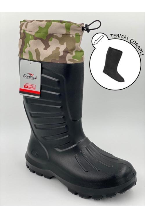 Sonimix Eva Kauçuk -30°C'Ye Dayanıklı Yaz/Kış Çıkartılabilir Termal Çoraplı Konçlu Çizme Siyah