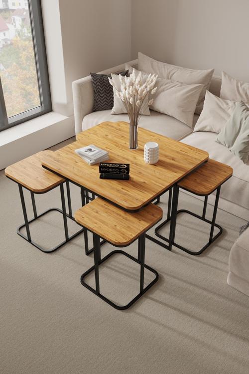 5'Li Radüslü Siyah İskelet Atlantik Çam Orta Sehpa & Zigon Sehpa & Yan Sehpa & Bohem Sehpa Takımı