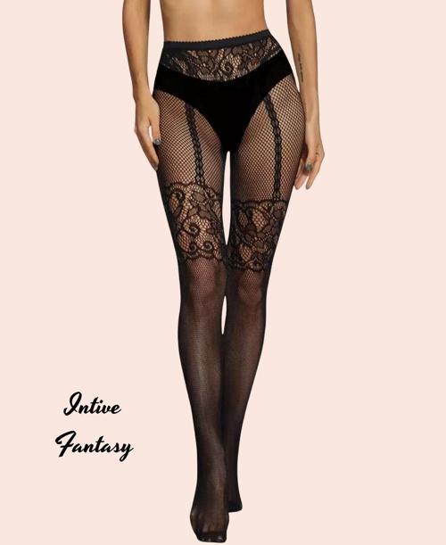 Intive Dantel Desenli Jartiyer Görünümlü File Külotlu Çorap-15541