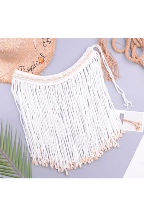 Kadın Beyaz Püsküllü Tığ Örgü Deniz Kabuklu Incili Tasarım Pareo