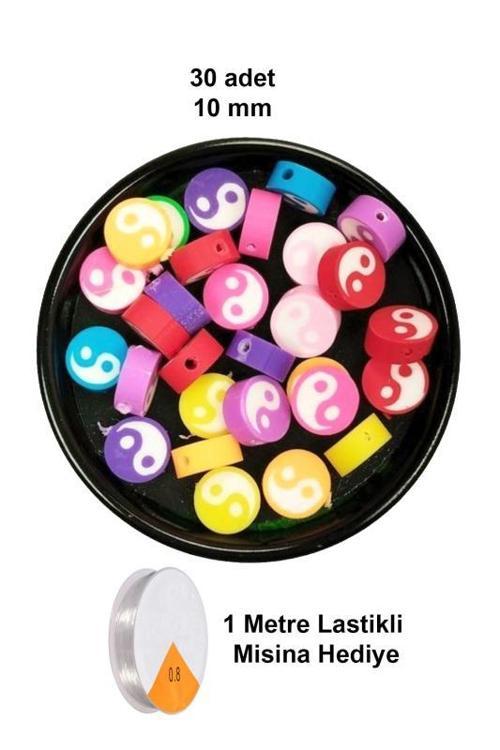 30 Adet 10 mm Polimer Kil Fimo Boncuk Takı Bileklik + 5 Metre Lastikli Misina Hediye - Renkli Yin Yang