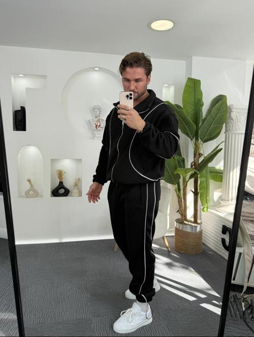 Wilfred Siyah - Gri Relax Fit Pamuklu Basıc Şerit Detaylı Rahat Kalıp Erkek Eşofman Takımı