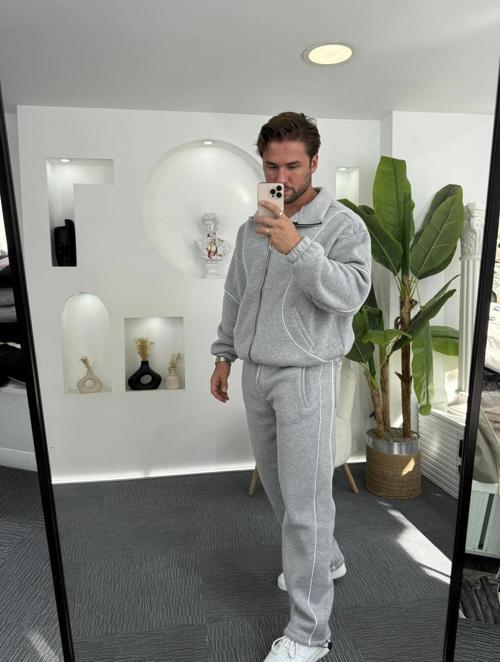 Wilfred Siyah - Gri Relax Fit Pamuklu Basıc Şerit Detaylı Rahat Kalıp Erkek Eşofman Takımı