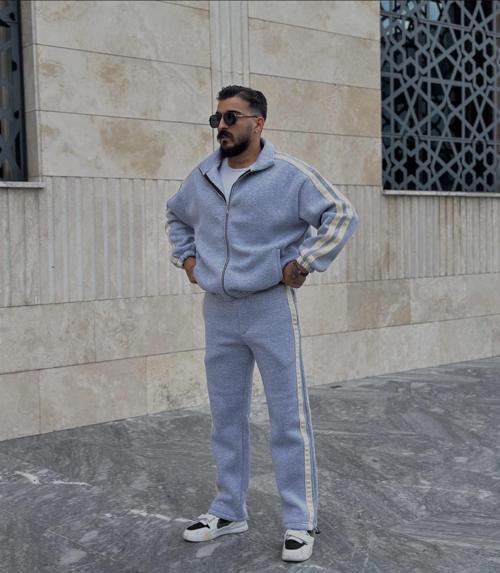 Pierce Şerit Detaylı Baggy Kalıp Erkek Relax Fit Pamuklu Basıc Takım Eşofman