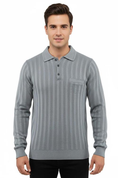 Erkek Polo Yaka Kazak Cepli Çelik Örgü Klasik Kalıp 5203F BGL-ST04851