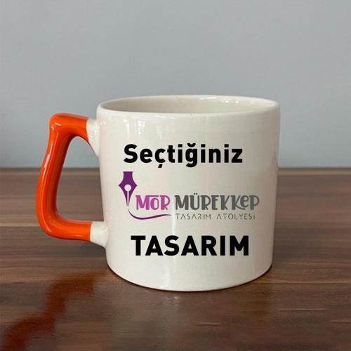 Seçtiğin mor mürekkep tasarım & İsim Turuncu Kulplu Seramik D Kupa