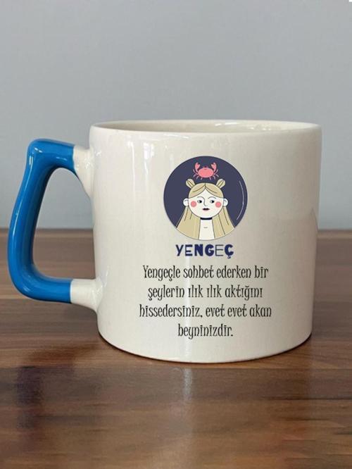 Yengeç Burcu ve Onla Alakalı Komik Açıklama Simgesi Baskılı Mavi Kulplu D Kupa