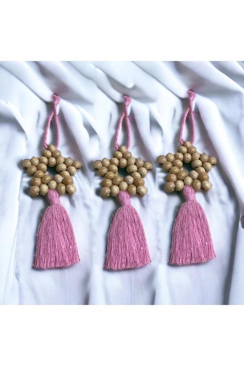 Dekoratif Püsküllü Ahşap Boncuklu 3 Lü Set Yıldız Duvar Süsü Kapı Süsü