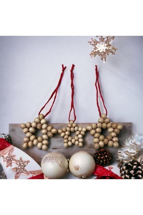 Dekoratif Ahşap Boncuklu 3 Lü Set Yıldız Mutfak Salon Balkon Çocuk Bebek Odası Duvar Süsü Kapı Süsü