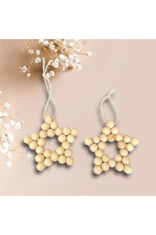 Dekoratif Ahşap Boncuklu 2 Li Yıldız Mutfak Salon Balkon Çocuk Bebek Odası Duvar Süsü Kapı Süsü