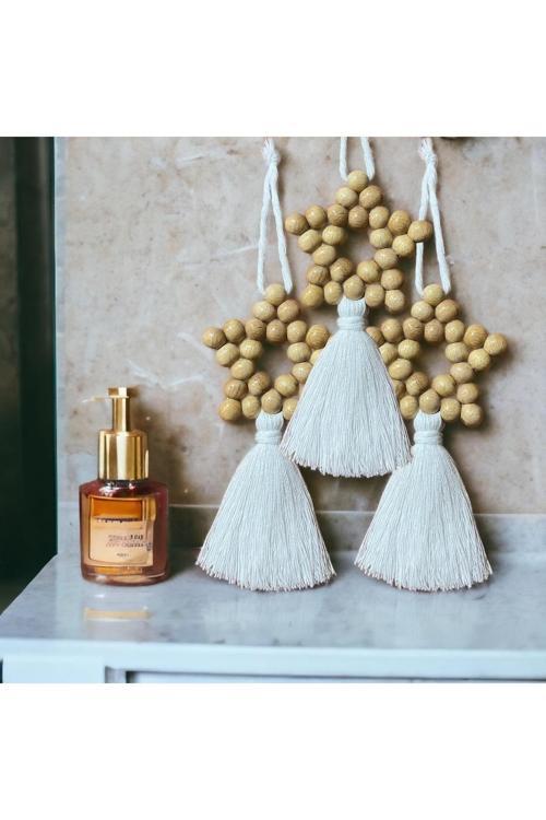 Dekoratif Püsküllü Ahşap Boncuklu 3 Lü Set Yıldız Duvar Süsü Kapı Süsü