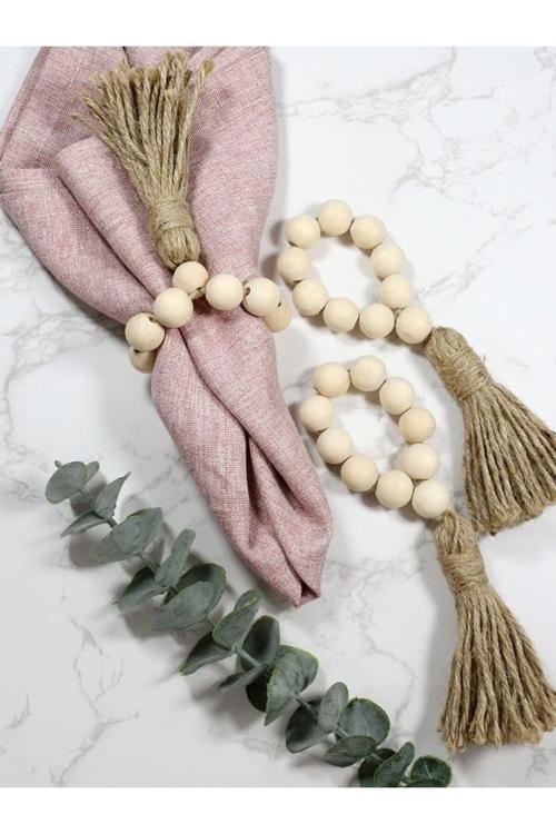 Ahşap Boncuklu Püsküllü Peçete Halkası 12'Li