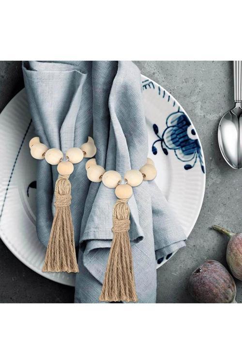 Ahşap Boncuklu Püsküllü Peçete Halkası 6'Lı