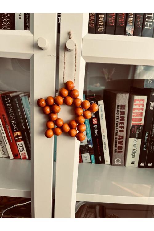 Dekoratif Ahşap Turuncu Boncuklu Yıldız Mutfak Salon Balkon Çocuk Bebek Odası Duvar Süsü Kapı Süsü