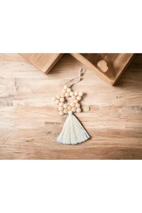 Dekoratif Püsküllü Cilasız Ahşap Boncuklu Yıldız Duvar Süsü Kapı Süsü