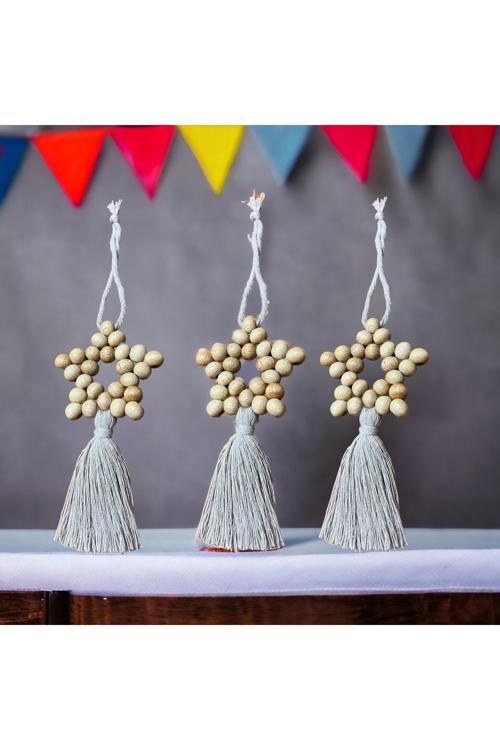 Dekoratif Püsküllü Ahşap Boncuklu 3 Lü Set Yıldız Duvar Süsü Kapı Süsü