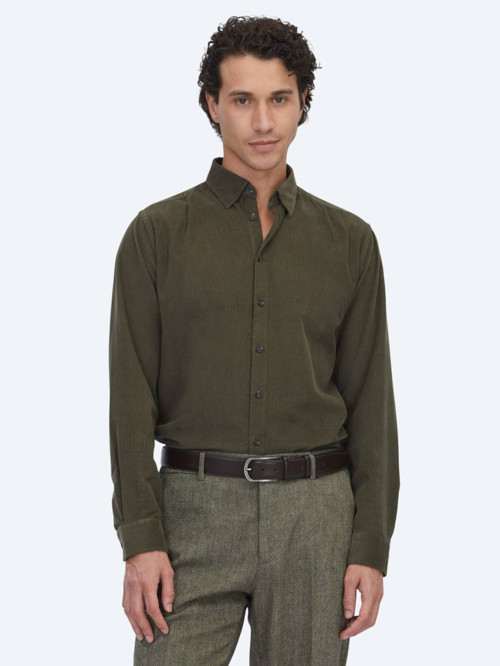 Haki Çizgili Regular Fit Dokuma Kadife Casual %100 Pamuk Gömlek