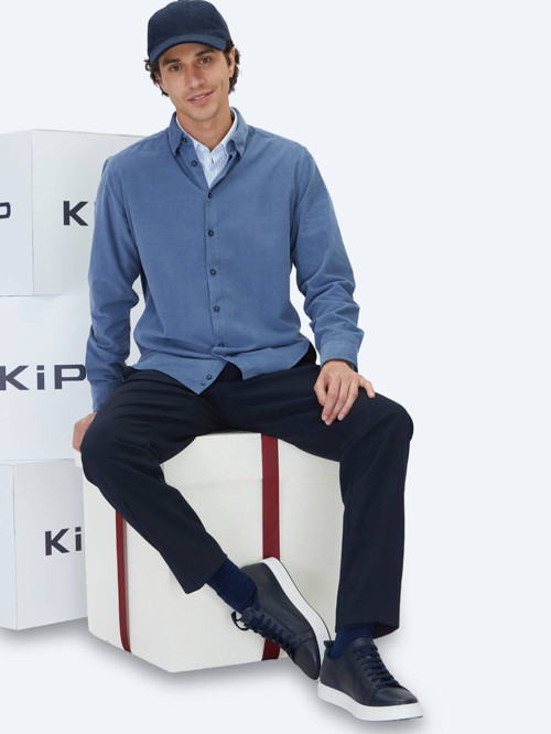 Mavi Çizgili Regular Fit Dokuma Kadife Casual %100 Pamuk Gömlek