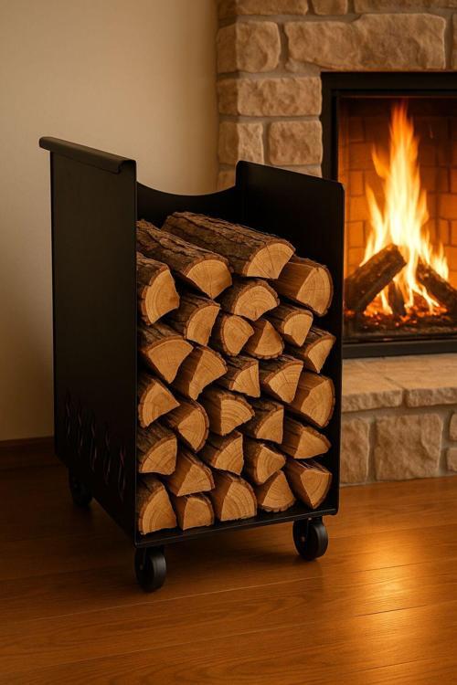 Dekoratif Metal Şömine Yanı Odunluk Tekerlekli