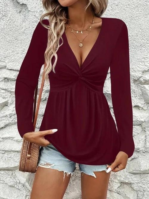 MDB Kadın Uzun Kollu Dekolteli Sarmal Detaylı Viskon Bluz