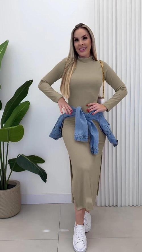 MDB Kadın Uzun Kollu Balıkçı Yakalı Yanlardan Yırtmaçlı Kaşkorse Maxi Elbise