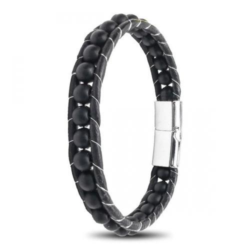 6Mm Mat Oniks Taşlı Deri Kordon Ve Çelik Bileklik 33512B2D6M1