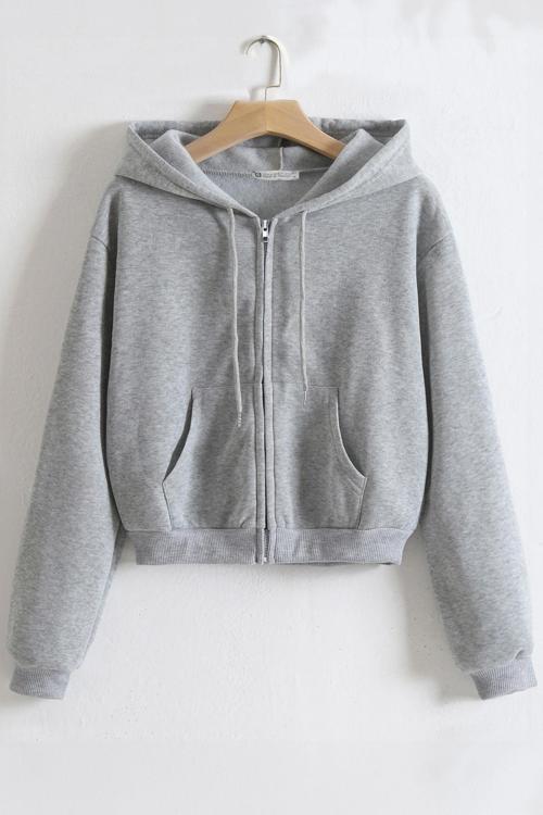 Kadın Pamuklu Crop Model Kanguru Cepli Sonbahar ve İlkbahar Kapüşonlu Crop Sweatshirt