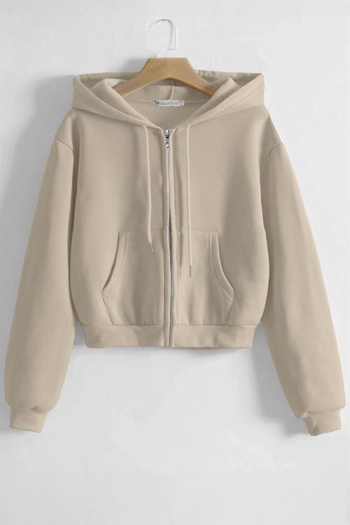 Kadın Pamuklu Crop Model Kanguru Cepli Sonbahar ve İlkbahar Kapüşonlu Crop Sweatshirt