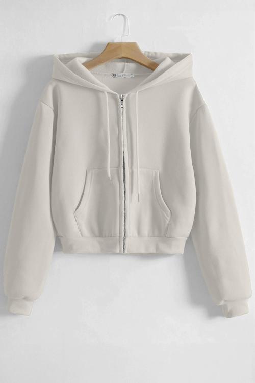 Kadın Pamuklu Crop Model Kanguru Cepli Sonbahar ve İlkbahar Kapüşonlu Crop Sweatshirt