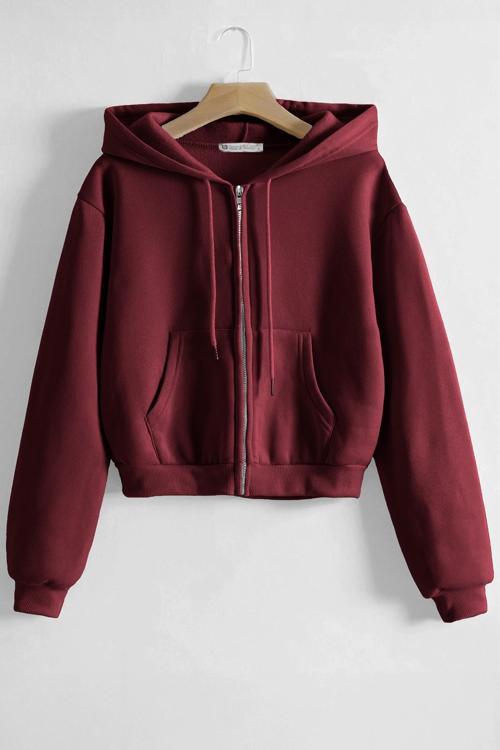 Kadın Pamuklu Crop Model Kanguru Cepli Sonbahar ve İlkbahar Kapüşonlu Crop Sweatshirt