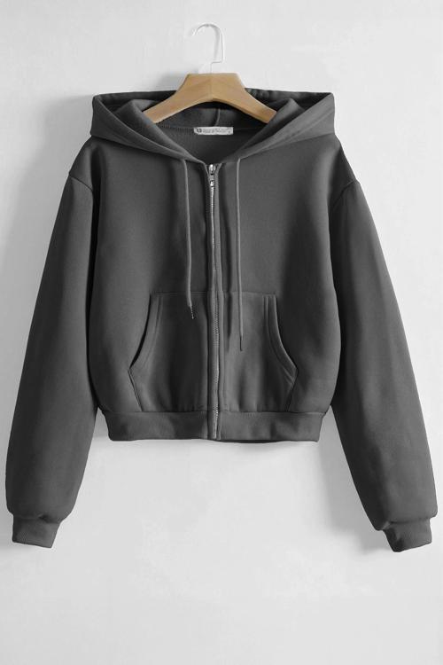 Kadın Pamuklu Crop Model Kanguru Cepli Sonbahar ve İlkbahar Kapüşonlu Crop Sweatshirt