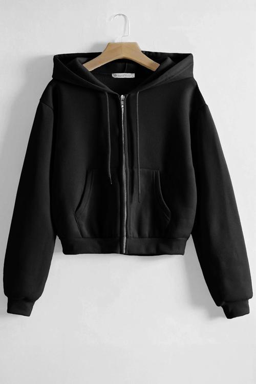 Kadın Pamuklu Crop Model Kanguru Cepli Sonbahar ve İlkbahar Kapüşonlu Crop Sweatshirt