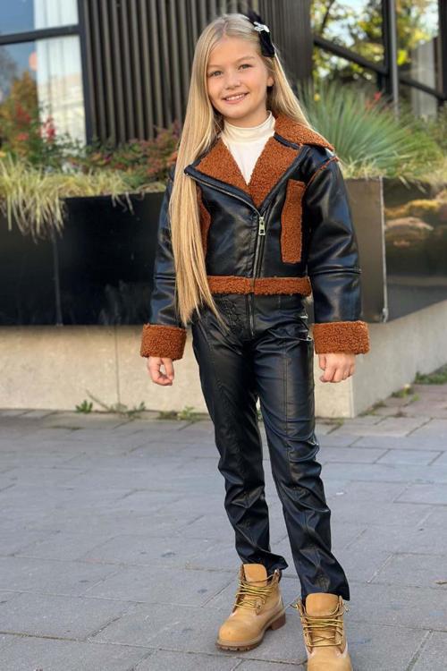 Kız Çocuk Kolları ve Yakası Peluş Detaylı Siyah Ceket Dik Yaka Kazak Deri Alt Üst Takım