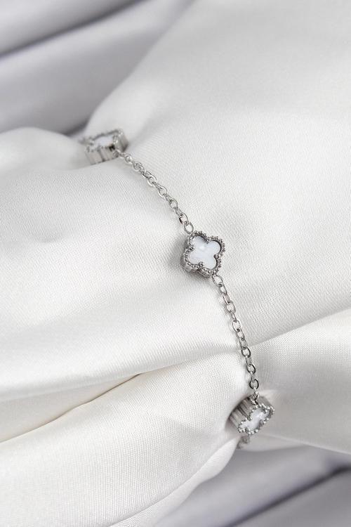 316L Çelik Beyaz Sedef Yonca Model Gümüş Renk Kadın Bileklik