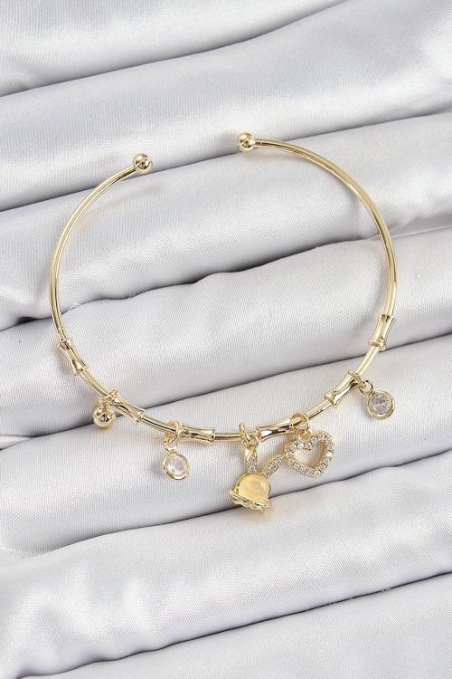 Pirinç Zirkon Taşlı Tavşan Ve Kalp Model Gold Renk Charm Bileklik