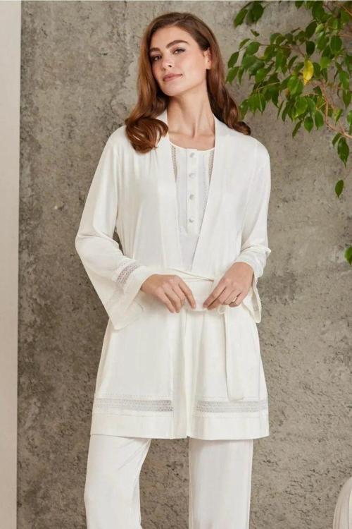 2800 Kadın Ekru Dantelli Penye 3'lü Sabahlıklı Pijama Takım