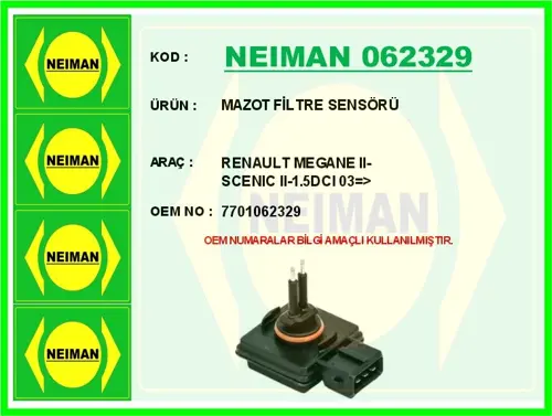 MAZOT FİLTRE SENSÖRÜ RENAULT MEGANE 2-SCENIC 2-1.5DCI 2003 7701062329