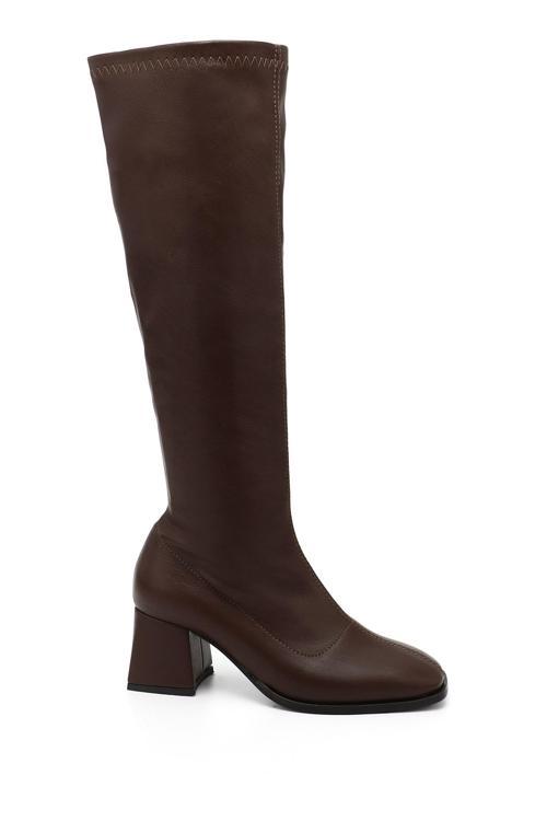 Kadın Kahverengi Deri Görünümlü Fermuarlı Kalın Topuklu Streç Çizme