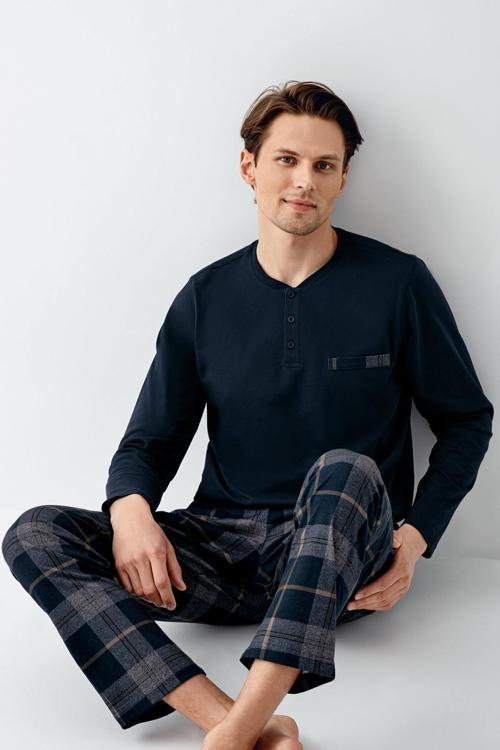 Erkek %100 Pamuklu 4 Mevsim Cepli Uzun Kol Ekose Pijama Takım