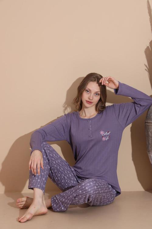 Kadın Pamuk'lu Düğme Yaka Raporlu İnterlok KIŞLIK Pijama Takımı 05040 - 1 Adet