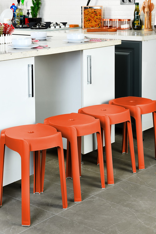 Kaymaz Ayaklı Dekoratif İç İçe Geçebilen Plastik Tabure Mutfak Bahçe Taburesi 4 Adet Turuncu