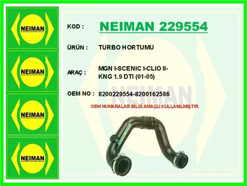 TURBO HORTUMU MEGANE 1-SCENIC 1-CLIO 2-KANGOO 1.9 DTI 2001-2005 8200229554 8200162586