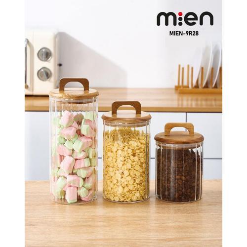 MİEN 3’lü Akasya Kapaklı Borosilikat Cam Kavanoz Seti – Çizgili Desenli – 16/20/25 cm