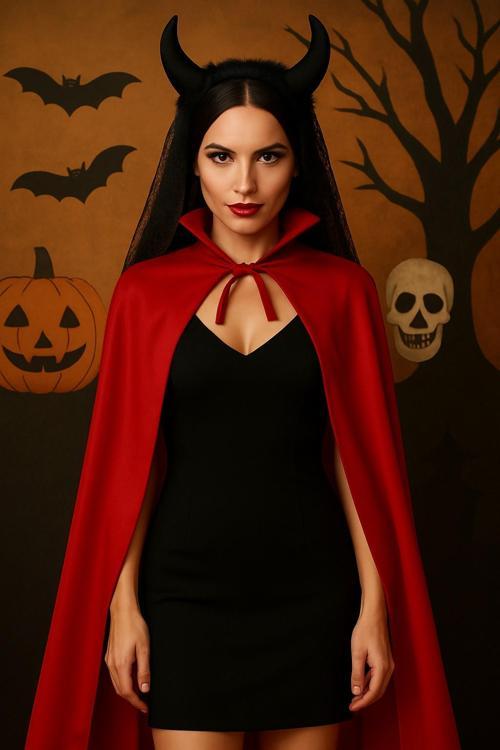 Şeytan Kostüm Seti (Kırmızı Yakalı Pelerin + Dantelli Siyah Boynuzlu Taç) – Cadılar Bayramı Kostümü