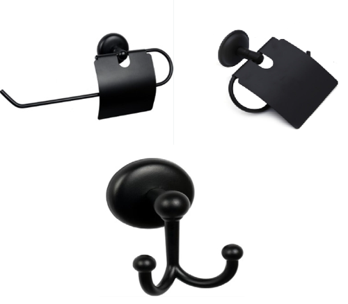 MK Yapışkanlı Siyah  Üçlü Banyo Aksesuar Seti - Kapaklı Havlu Kağıtlık - Banyo Askısı - Kapaklı Tuvalet Kağıtlık