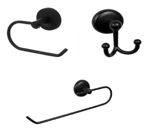 MK Yapışkanlı Siyah  Üçlü Banyo Aksesuar Seti - Açık Havlu Kağıtlık - Banyo Askısı - Açık Tuvalet Kağıtlık