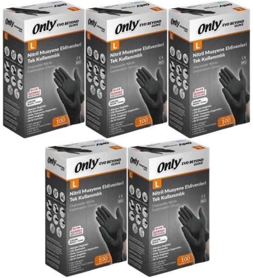 Only Evo Beyond Siyah Pudrasız Nitril Eldiven - Muayne İş Eldiveni - Large - 100'lü 5 Paket