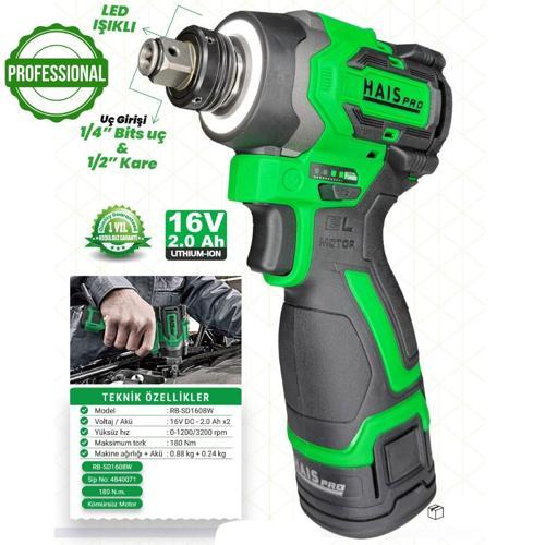 Pro 180 Nm Tork Akülü Somun Sıkma - Profesyonel Akülü Vidalama - 2x2 Ah Çift Akü - RB-SD1608W