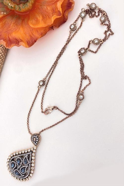 Turkuaz Taşlı Elmas Montür Uzun Kolye